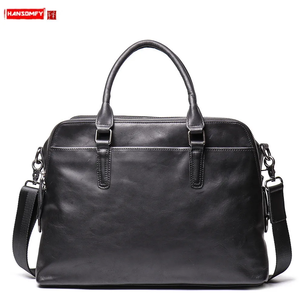 New Soft Black Leather Handbag Men Portable Briefcase Women Shoulder Messenger Bag Large Capacity Computer Bag A4 File Bag 14