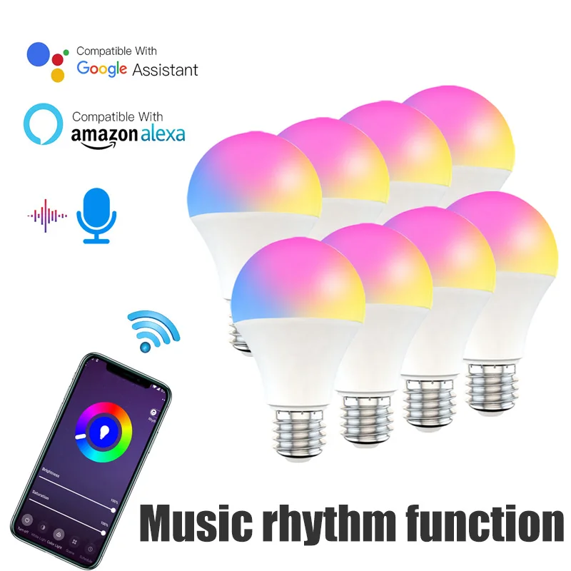 

Умная лампочка E27 E26 B22, 9 Вт, WiFi, диммируемая лампа RGB + CCT, холодный теплый цвет, светодиодная лампочка с голосовым управлением, работает с Alexa ...