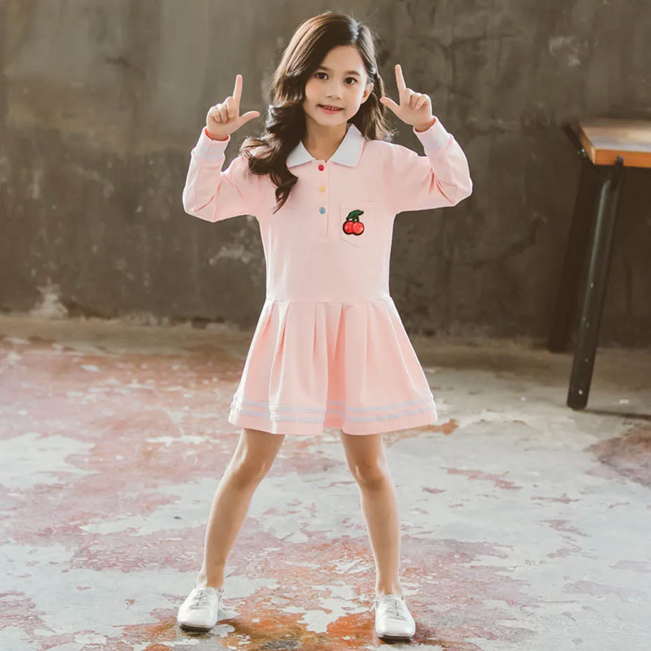 Girl Dresses Cherry Embroidery Dress For Girls Long Sleeve Party Children Autumn Cute Clothes 6 8 10 12 14 Year | Детская одежда и