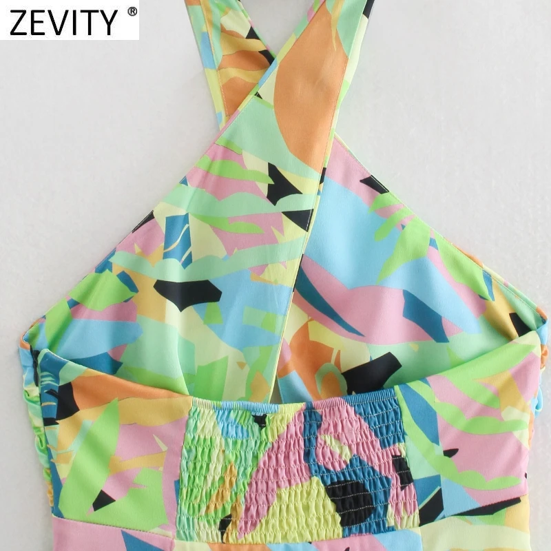 

Zevity New Women Sexy Graffiti Print Cross Halter Mini Dress Female Chic Backless Side Zipper Pleats Summer Beach Vestido DS8708