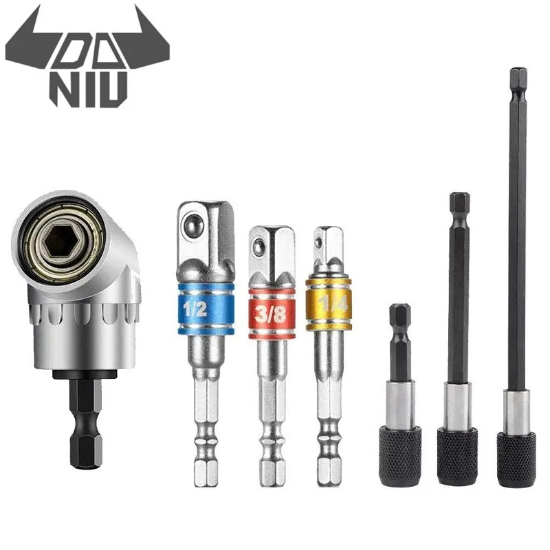 

DANIU 7Pcs Right Angle Driver Drill Bit 1/4 Inch Right Angle Drill 1/4 Extension Bar Hex Shank Screwdriver Bit Holder Tool Kit
