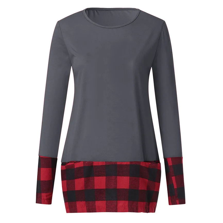 Модные женские блузки 2019 Осенняя женская одежда топы клетчатые с кромкой Круглый