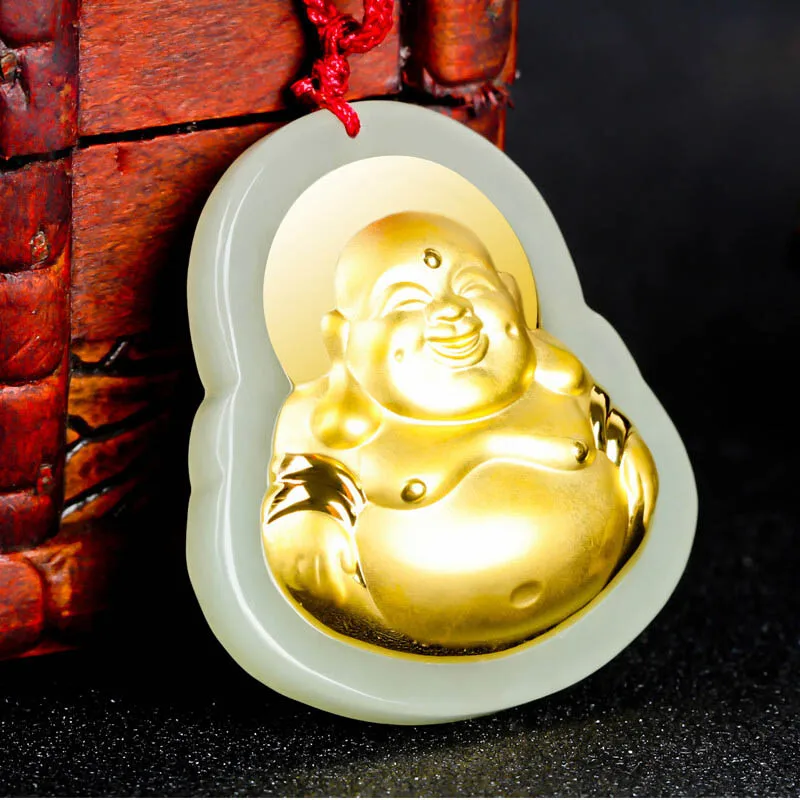 

Gold Inlaid Jade Buddha Pendant Necklace Women Men Genuine Natural Jade Charms Necklaces Certified Jades Stone Lucky Amulet Gift