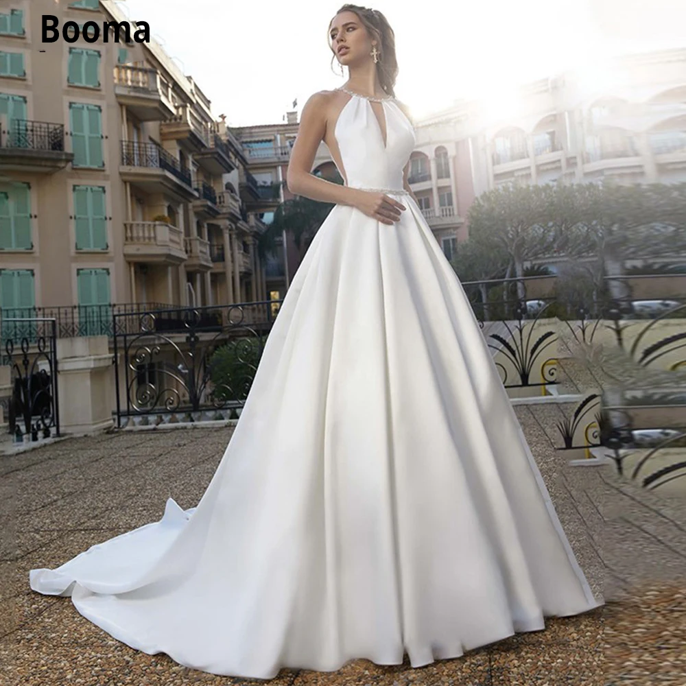 

Booma Satin Wedding Dresses Beach Bridal Gown with Long Train High Halter Beading Sashes Princess Wedding Gown Custom Made 2021