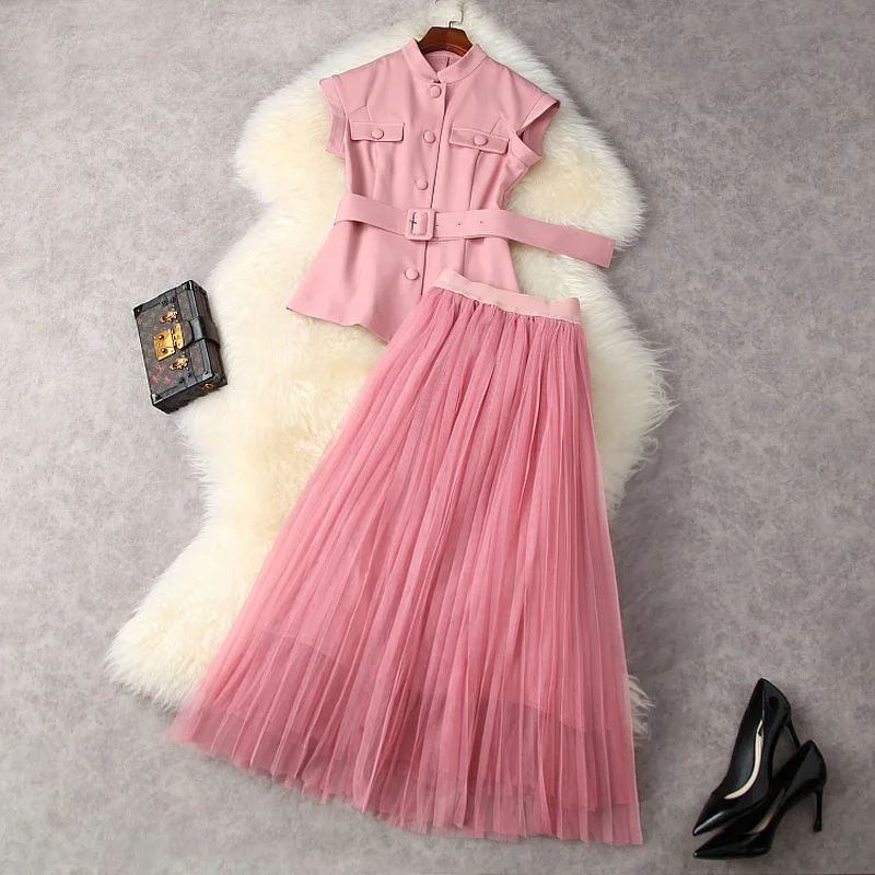 

Women's Summer 2021 New Pink Skirt Suits Office Lady Stand Collar Single Breasted Slim Belted Top + Elastic Waist Pleated Skirt