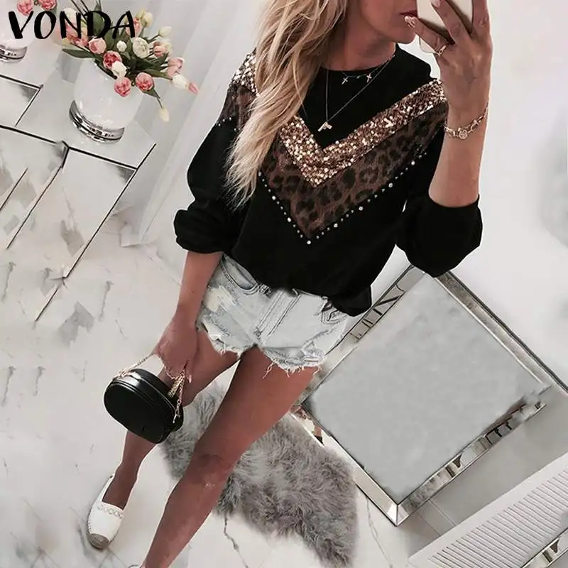 VONDA Vintage Sweaters Women Leopard Patchwork Blouses Casual Knitwear Long Sleeve Round Neck Knitted Sweater Oversized Tops | Женская
