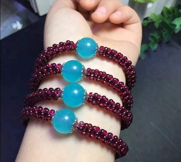 2 шт. натуральный винно красный гранат Плетеный мяч ручной браслет с халцедоном