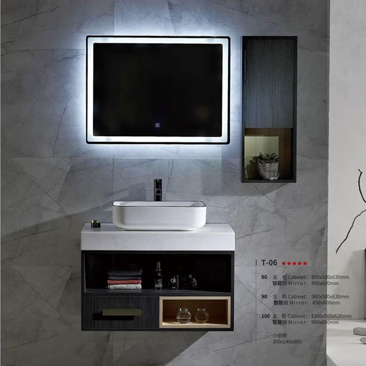 Простой зеркальный шкаф мраморная столешница раковина с подсветкой| |