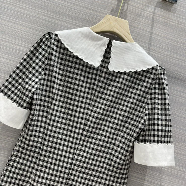 

2020 Summer Plaid Dress for Women High-end Brand Peter Chic Pan Collar A Line Mini Dress High Quality Short Sleeve Dresses Women