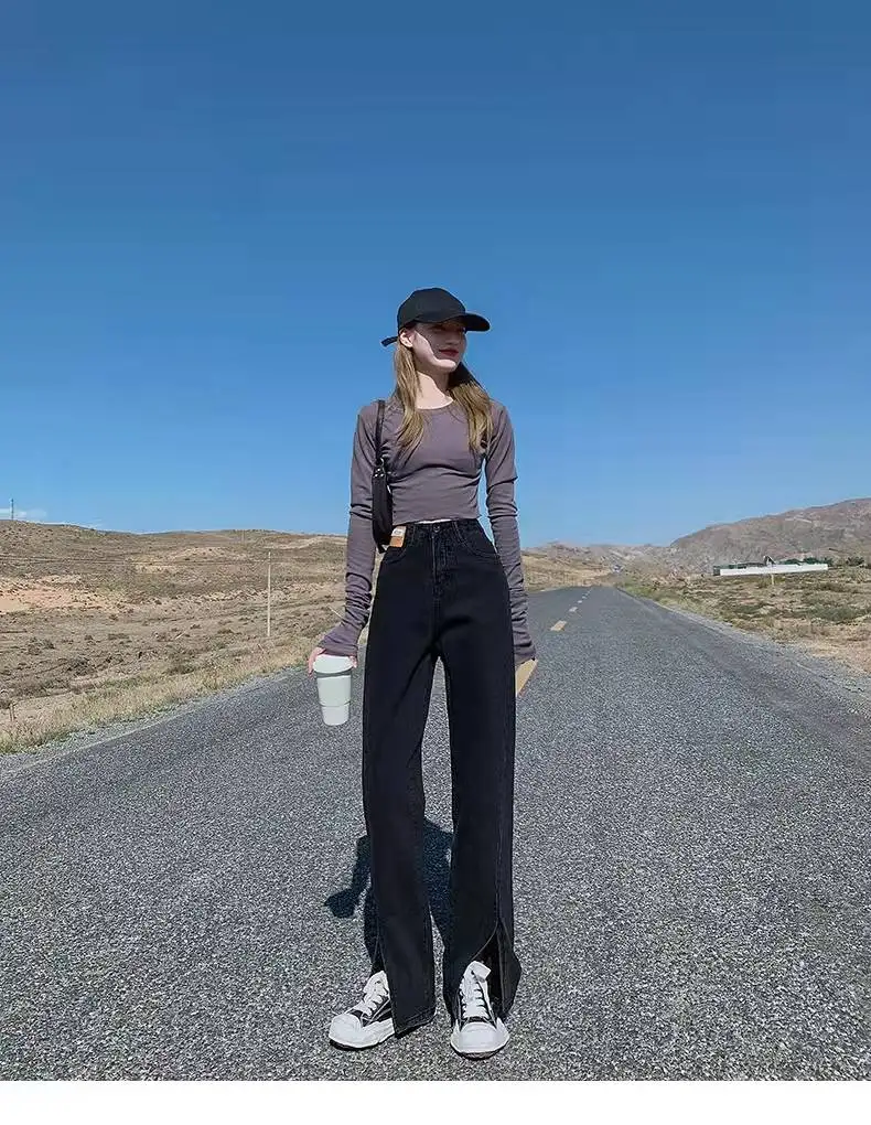 

Весенние черные женские джинсы с высокой талией и разрезом, весна и осень, прямые женские широкие брюки с микро-разрезом