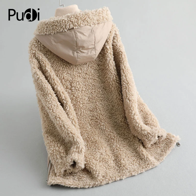 PUDI A59233 women winter polyester fabric real wool fur down warm jacket small camel fur girl coat lady Long jacket overcoat