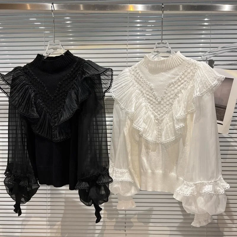 Solid Mock Neck Ruffle Detailed Lantern Sleeve Sweater White / Black