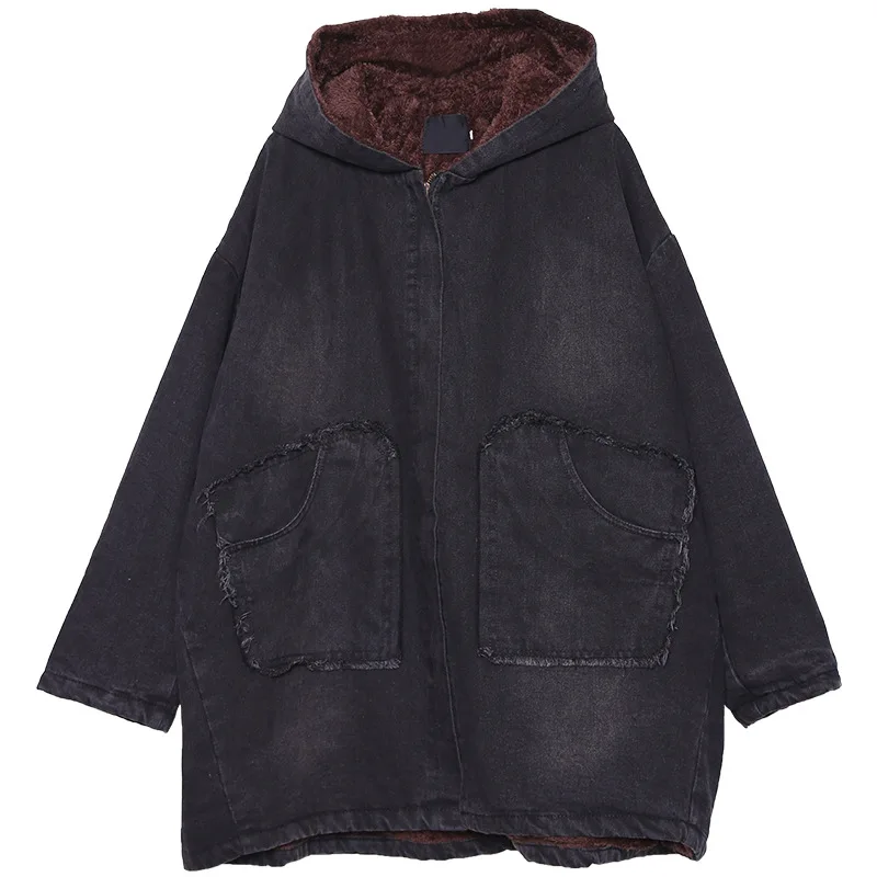 Плюс бархат деним зима новый свободный большой размер литературный рукав