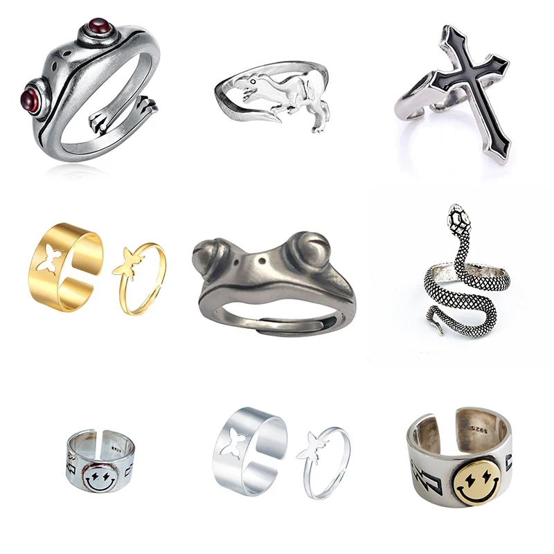 

2021 Trend Silver Color Frog Snake Rings For Women Men Punk Goth Couple Jewelry Cross Adjustable Gold Smiley Butterfly Rings Set