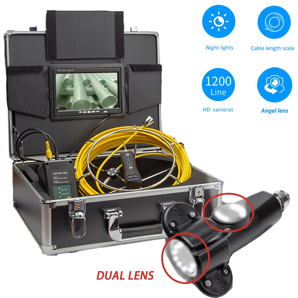 

7Inch LCD 42mm Dual Lens Pipe Industrial Endoscope Pipeline Sewer Drain Inspection Camera System 20m Cable 4500mAh Battery