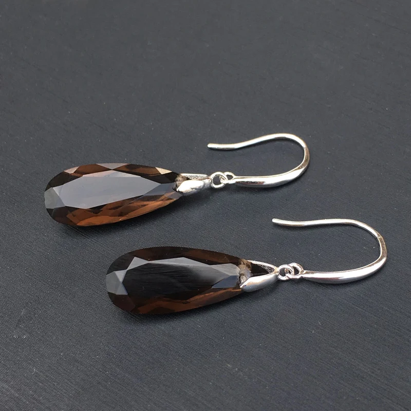 Женские серьги с дымчатым кварцем CSJ серебро 925 пробы 9*22 мм 11 карат | Украшения и
