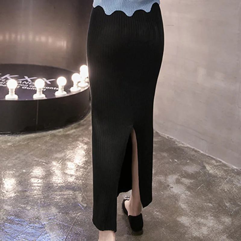 Осень-зима, черные вязаные длинные юбки для женщин, эластичная лента, высокая талия, Теплая юбка, в рубчик, с разрезом, тонкая, макси юбка-карандаш для женщин