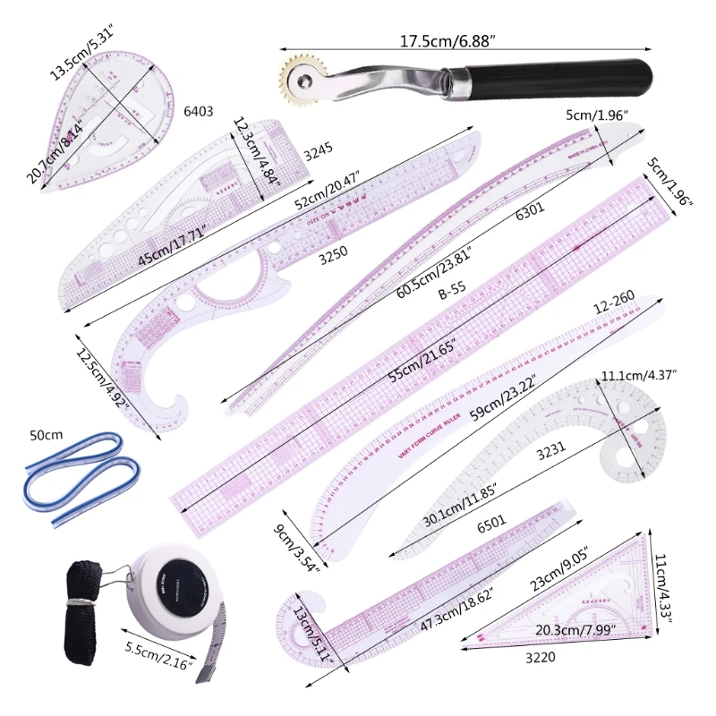 

12pcs/set Tailor French Curve Comma Grading Ruler Measure Sewing Dressmaking Yardstick Drawing Template Patchwork Tool