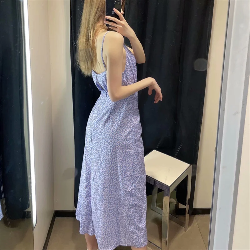 

Za 2021 Summer Purple Draped Midi Dress Women Sexy Spaghetti Straps Back Opening Chic Woman Dress Elegant V-neck Evening Dresses
