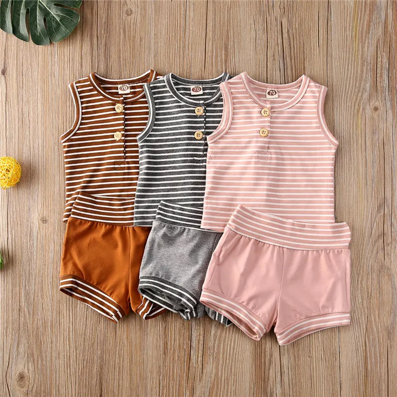 

2020 Summer 3-24M Toddler Baby Boys Girls Clothes Set Striped Sleeveless Button Vest Top T-shirt Shorts For Children Kids 2Pcs