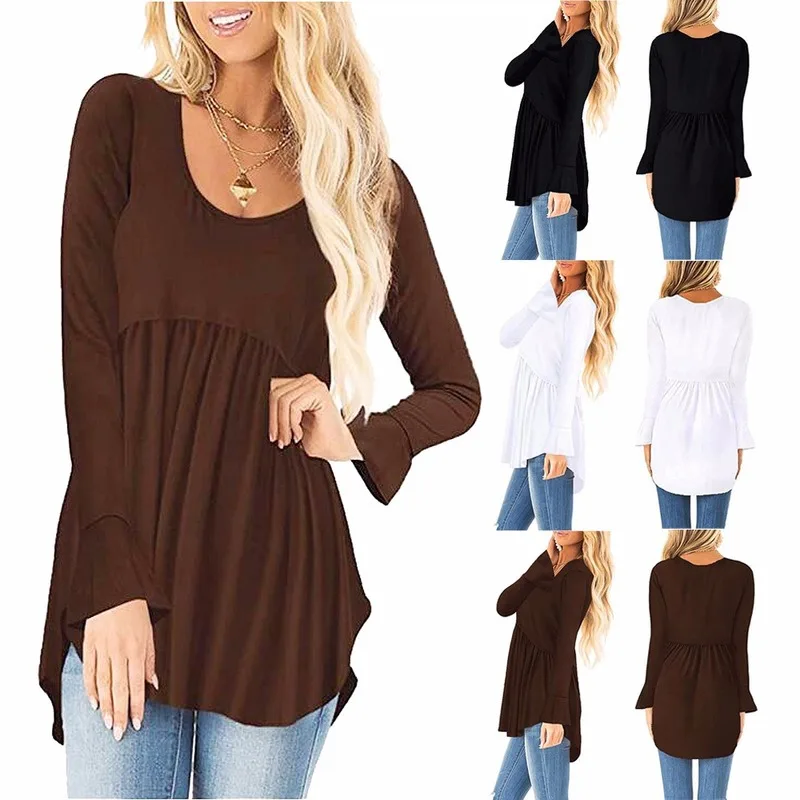 Рубашка с рукавами колокольчиками Женская осенняя новая однотонная круглой шеей