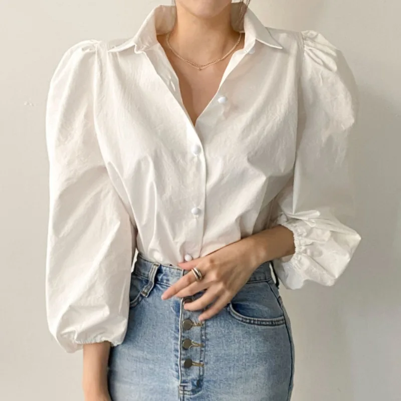 Женская рубашка с длинным рукавом элегантная белая V образным вырезом и длинными