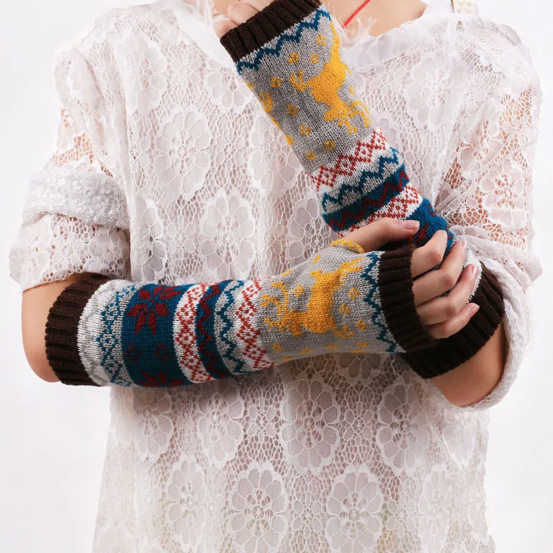 

Fingerless color half finger gloves winter warm women knitted cartoon elk half palm computer long gloves arm set