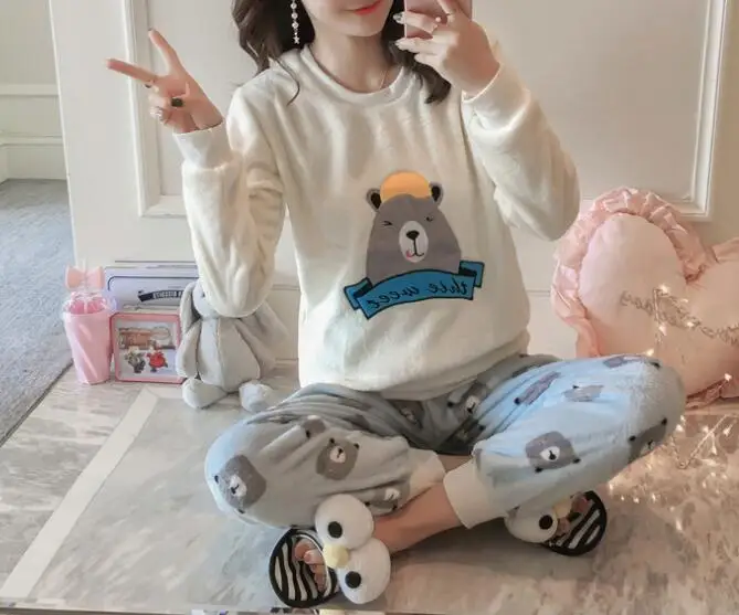 StyleE H5715 пижамы женские зимние толстые коралловые флисовые пижамы милый теплый длинный рукав фланель Домашняя одежда Костюм удобная ночная рубашка - Цвет: StyleE