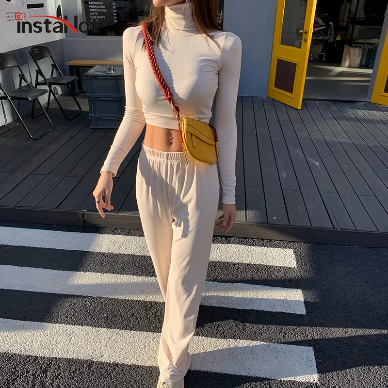 

2021 Women Two Piece Wide Leg Pant Set and Crop Top Autumn Casual Elegant Turtleneck Minimalist Classic Outfit Female Solid