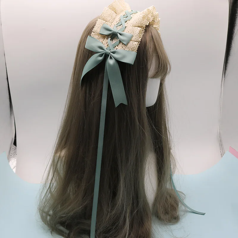 Beige And Bean green Мягкие японские игрушки волосы "Лолита" лента ручной работы заколка с кружевом боковая заколка Лолита Сладкий ежедневный ободок для волос Симпатичные Bowkont аксессуары для волос - Цвет: Beige And Bean green
