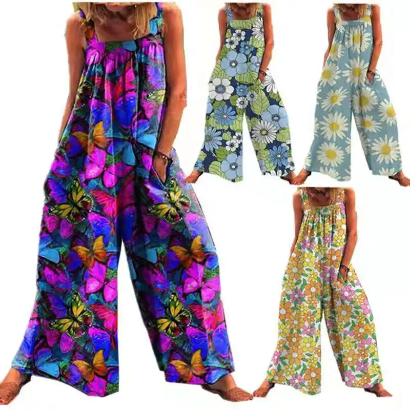 

2021 Summer Women Casual Loose Jumpsuit Sexy Floral Butterfly Print Sleeveless Wide Leg Jumpsuit Ladies Leisure Loose Playsuit