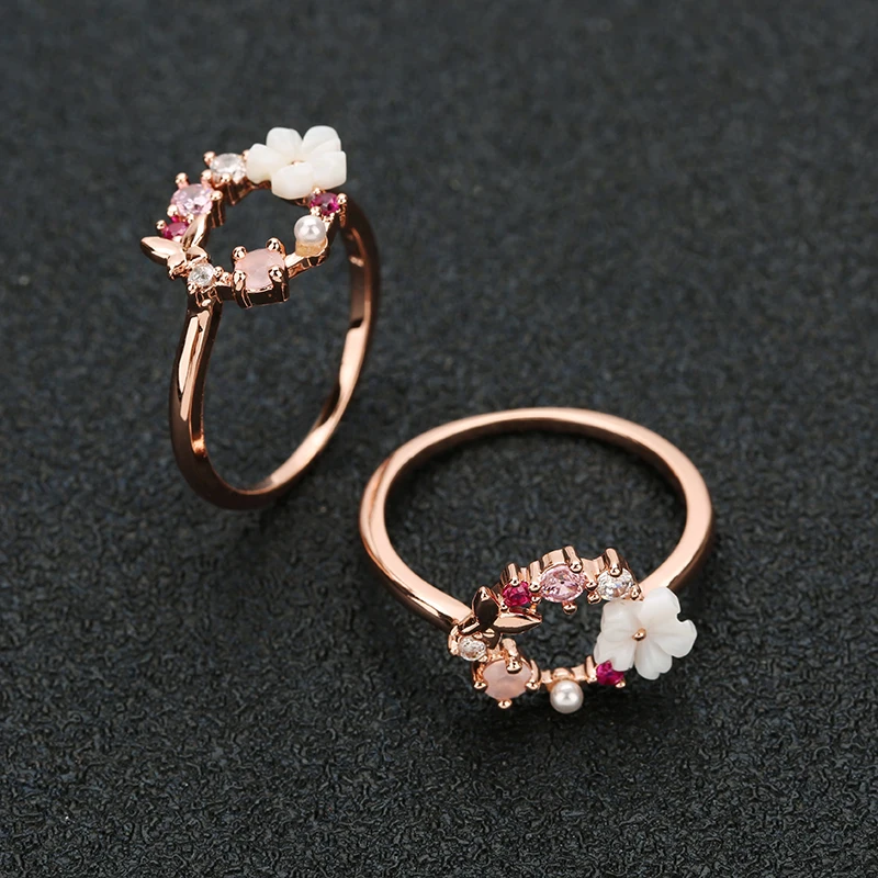

Cute Romantic Butterfly Flower Wedding Ring RoseGold Crystal Zirconia Stone Exquisite Fingure Ring Jewelry For Women Size 6 - 10