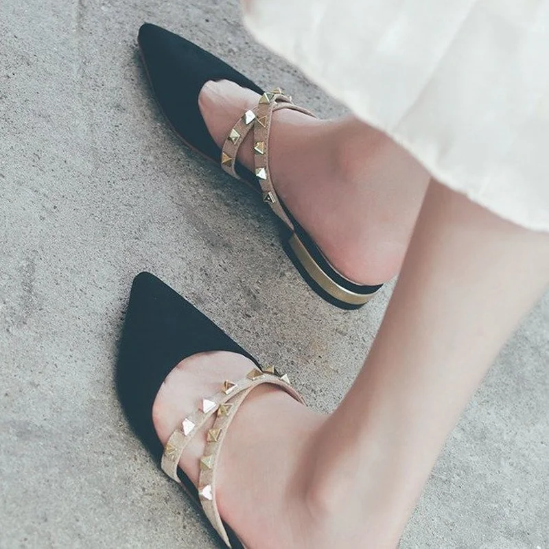 

Chic Slippers Female Cross Tie Flock Rivet Ladies Slippers Cover Pointed Toe Low Heels Retro Casual Women Shoes Woman Mules