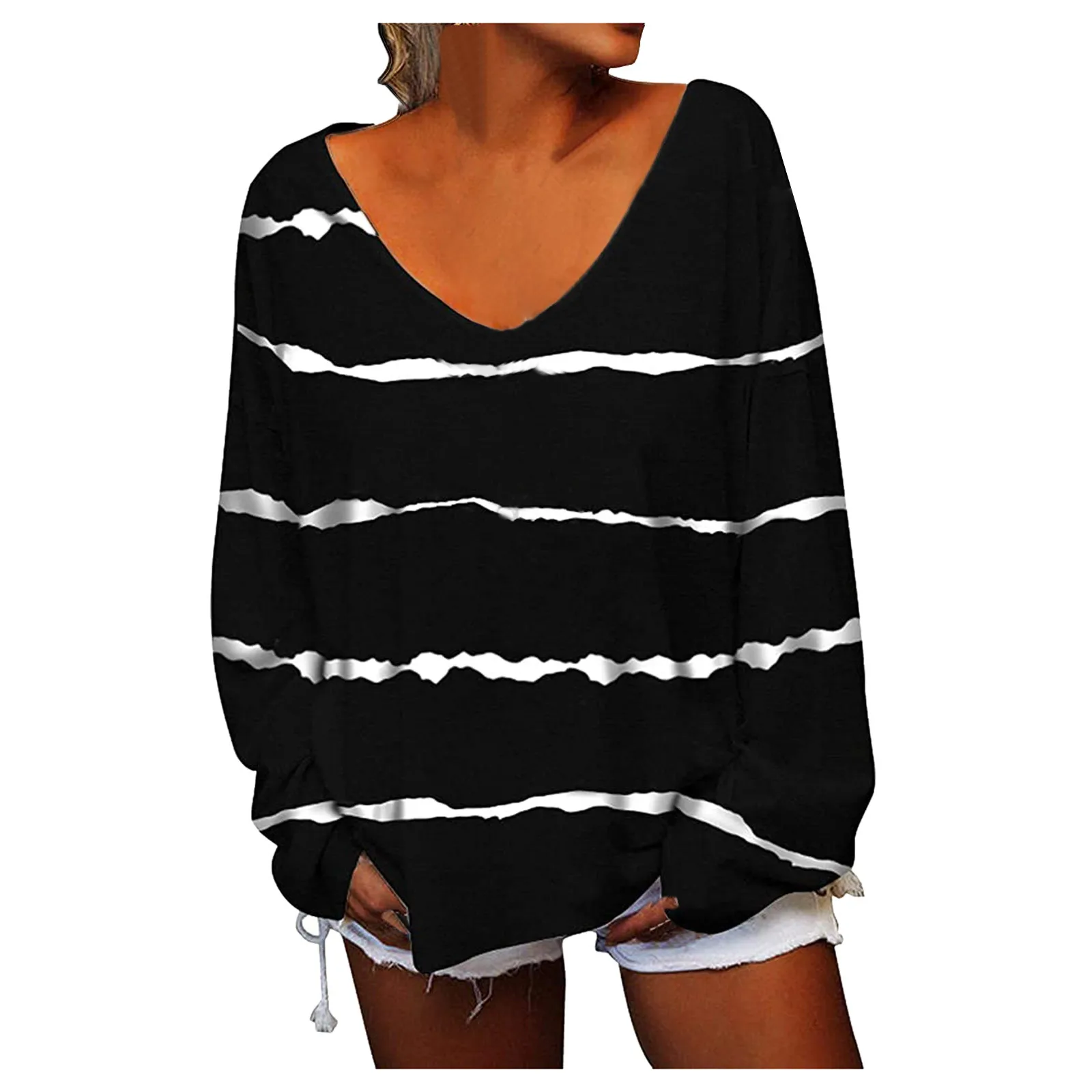 

Женская футболка в полоску, с V-образным вырезом и длинным рукавом