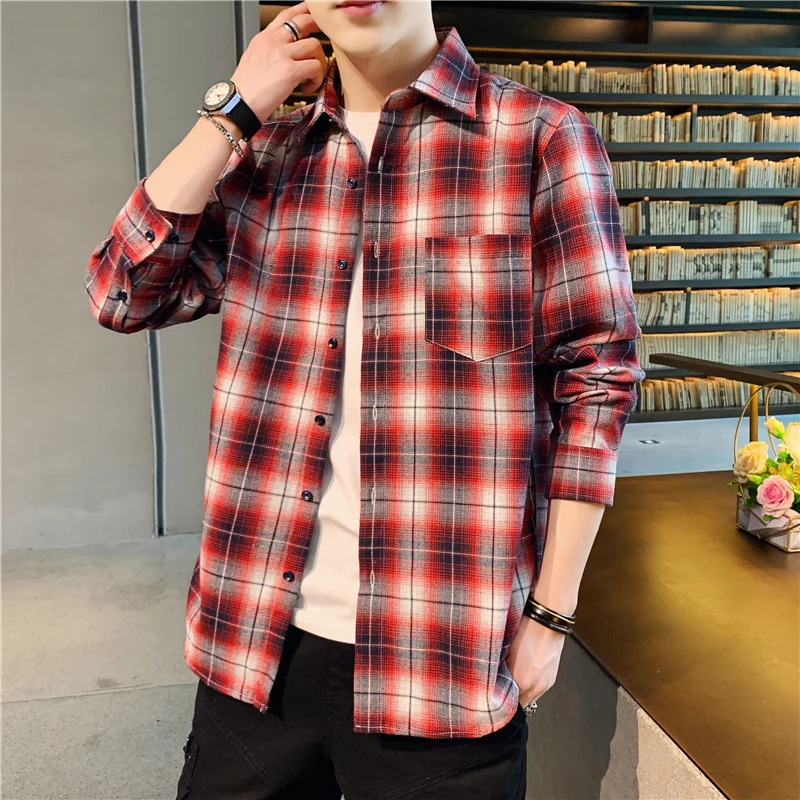 Рубашка мужская повседневная в клетку модная блуза с длинным рукавом стиле