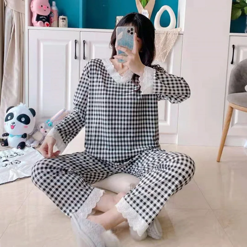 

Pajamas Women Autumn Spring Cute Plaid Pajamas Long-Sleeved Casual Lace Sweet Girl V-neck Two-Piece Home Service