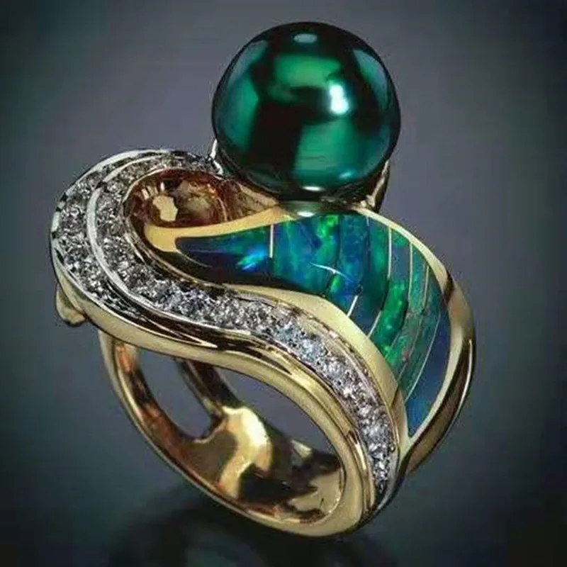 

New Fashion Luxury Ladies Irregular Ring Golden Filled Gemstone Emerald Diamond Engagement Ring Wedding Jewelry Anniversary Gift
