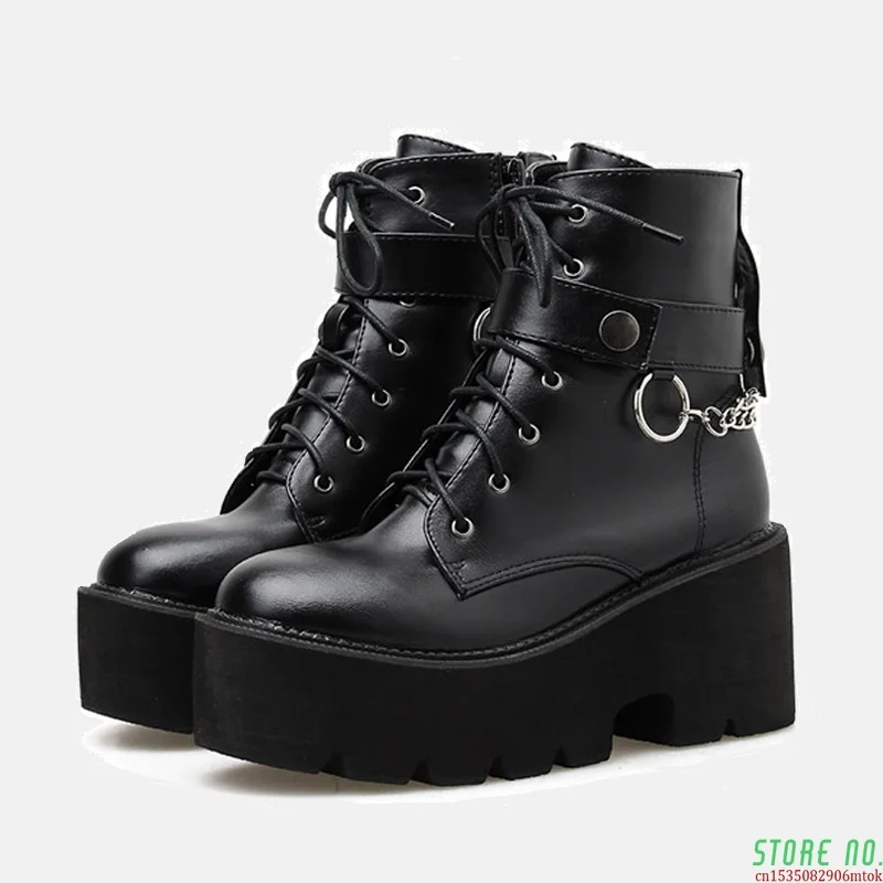 

Boussac Metal Chains Chunky Platform Women's Boots Round Toe Martin Boots Women Winter Black Punk Goth Boots SWE0872