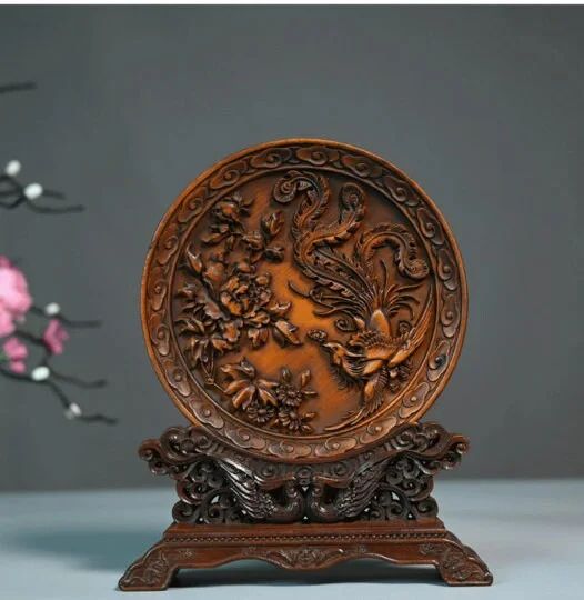 

Chinese Natural old Boxwood Hand carved Exquisite Hanging plate Statues Vintage wood carving Phoenix bird home decoration gift s