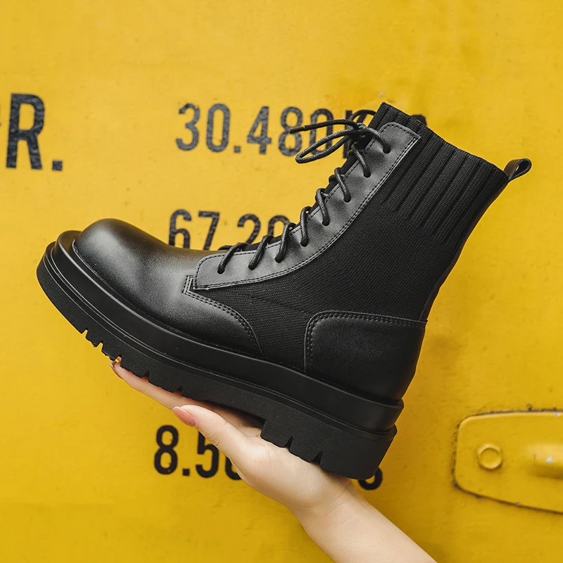 

ADBOOV Round Toe Sock Boots Women Genuine Leather Black Ankle Boots Female Fashion