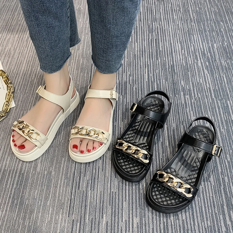 

Summer Outdoor Women Leisure Sport Sandals 2021 Trendy Chain Design Flat Heel Comfortable Round Head Sandy Beach Woman Shoes