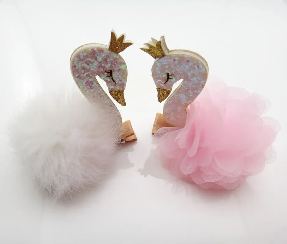 

2020new Arrivals Cute White Furry Ball Swan Hair Clip Pink Yarn Ball Swan Headdress Cartoon Animal Stereo Hairpin Hair Accessory