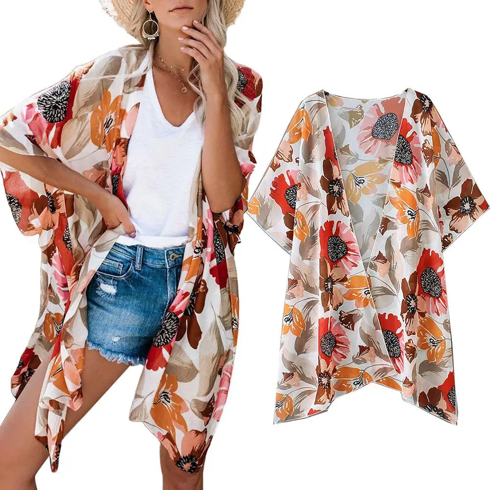

Women Floral Chiffon Half Sleeve Coverup Front Open Anti-UV Blouse Cardigan ropa verano mujer playa pareo sexy