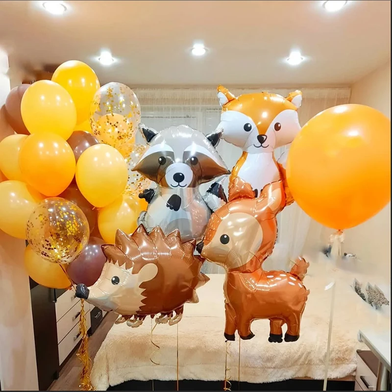 

Fox Hedgehog Raccoon Deer Animal Foil Balloons Birthday Woodland Forest Theme Party Decor Retro Brown Latex Balloon Baby Shower