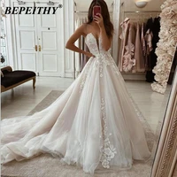 bepeithy a line wedding dress deep v neck wedding dresses for women spaghetti straps sexy vestidos de novia bridal gown 2021