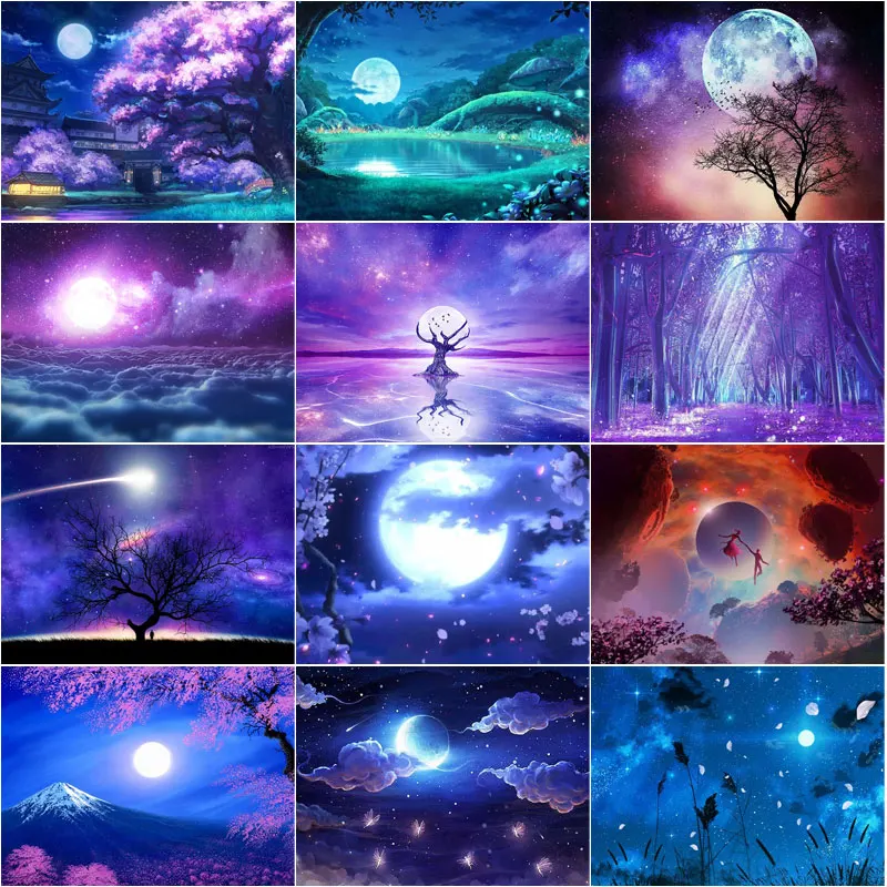 

Anime Night View Diamond Painting Moon Cloud Landscape Cross Stitch Kit Diy Mosaic Modern Home Decoration Painting 5D Art Wall
