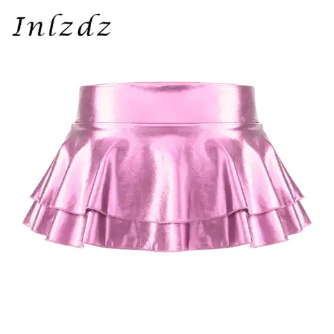 Women's Mini Skirts Shiny Metallic Low Rise Double Layered Ruffled Short Mini Skirt Rave Festival Clubwear for Pole Dancing
