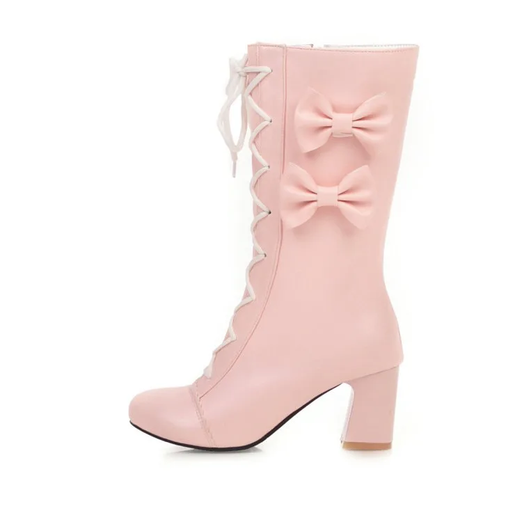 Зимние сапоги женские до середины икры на высоком квадратном каблуке с круглым