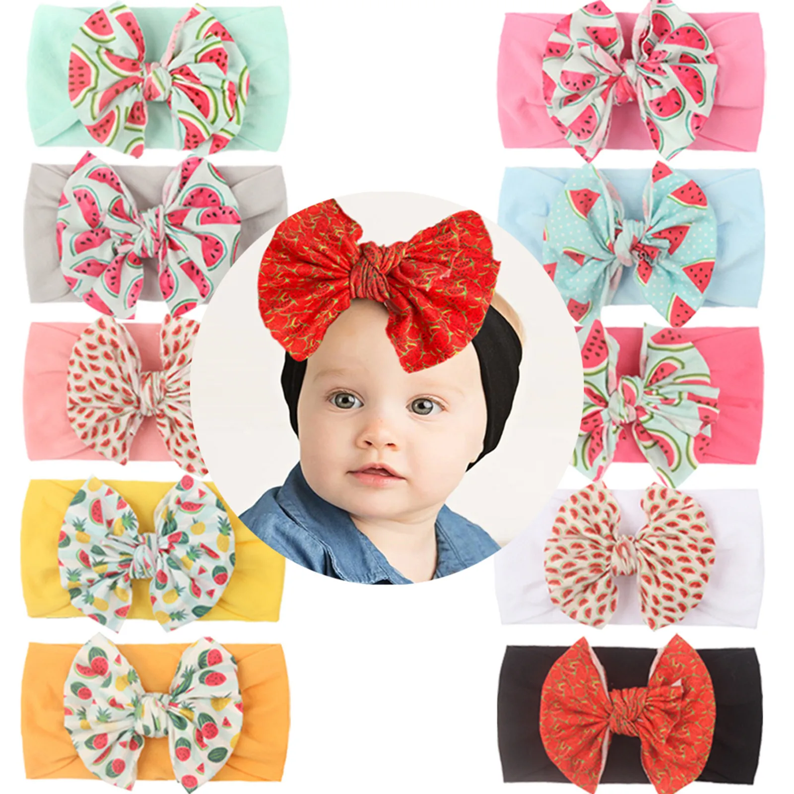 

10pc Newborn Infant Baby Girls Watermelon Bow Headband Stretch Hairband Headwear Headband For Children Косынка Детская#G