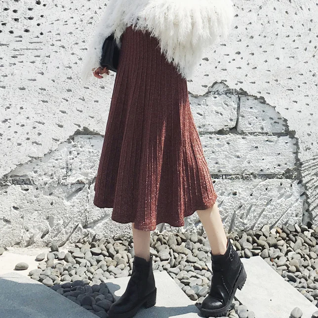 Осенне зимняя Длинная вязаная юбка для женщин серебристые блестящие